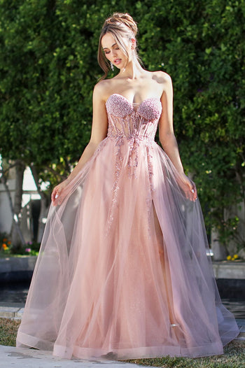 Prom Dresses Formal Long Ball Gown Beaded Corset Prom Dress Rose Gold