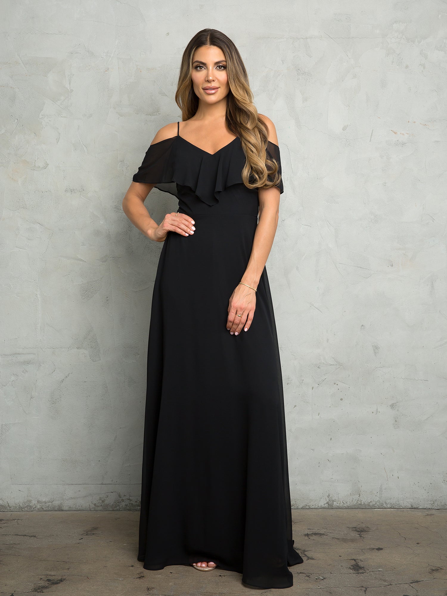 Cold Shoulder Chiffon Maxi Dress with Ruffle Overlay Formal Evening Gown By Eva USA 3263