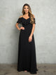 Cold Shoulder Chiffon Maxi Dress with Ruffle Overlay Formal Evening Gown By Eva USA 3263