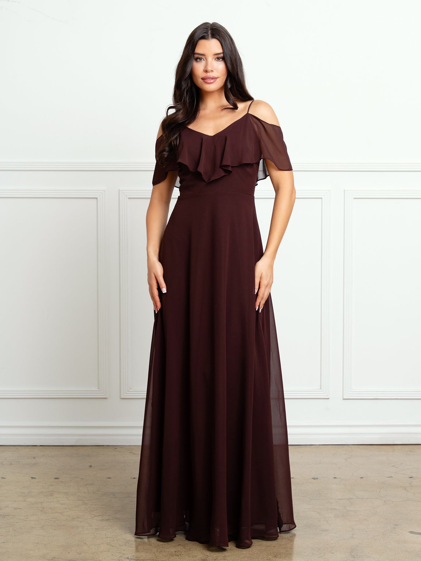 Cold Shoulder Chiffon Maxi Dress with Ruffle Overlay by Eva USA 3263
