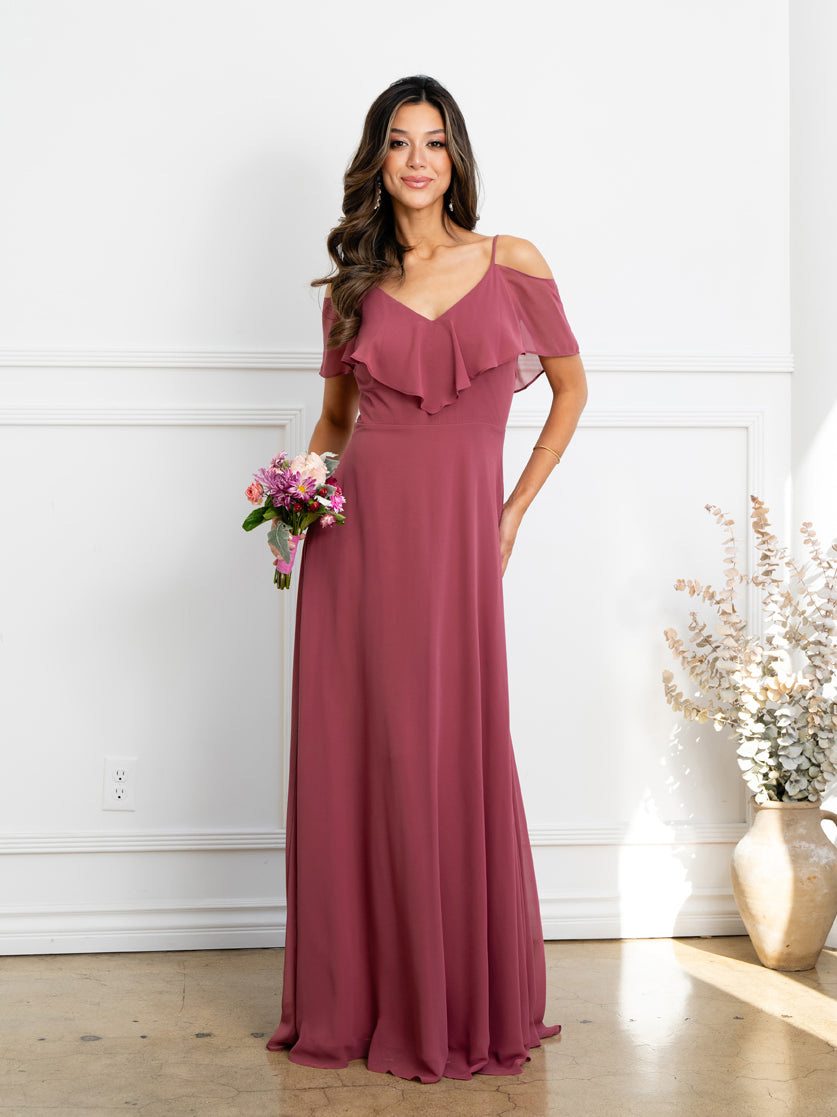 Cold Shoulder Chiffon Maxi Dress with Ruffle Overlay Formal Evening Gown By Eva USA 3263