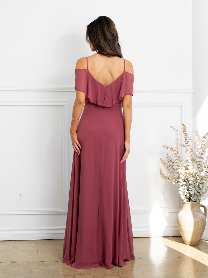Cold Shoulder Chiffon Maxi Dress with Ruffle Overlay Formal Evening Gown By Eva USA 3263
