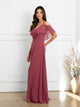 Cold Shoulder Chiffon Maxi Dress with Ruffle Overlay Formal Evening Gown By Eva USA 3263