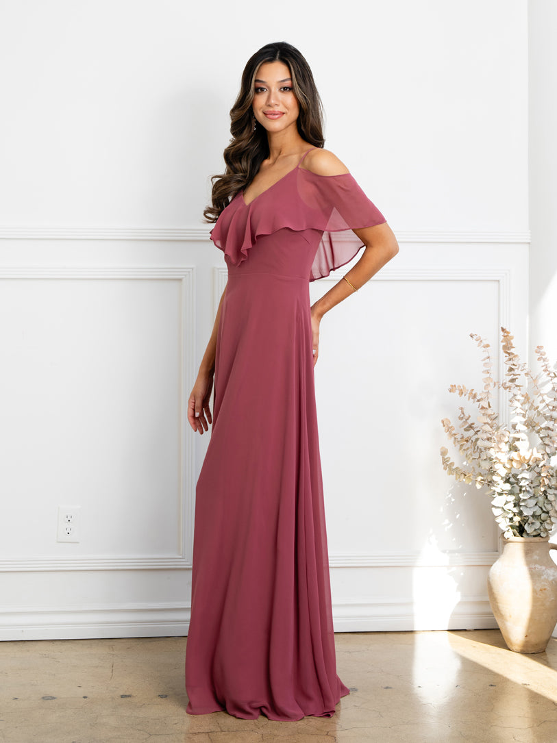 Cold Shoulder Chiffon Maxi Dress with Ruffle Overlay Formal Evening Gown By Eva USA 3263