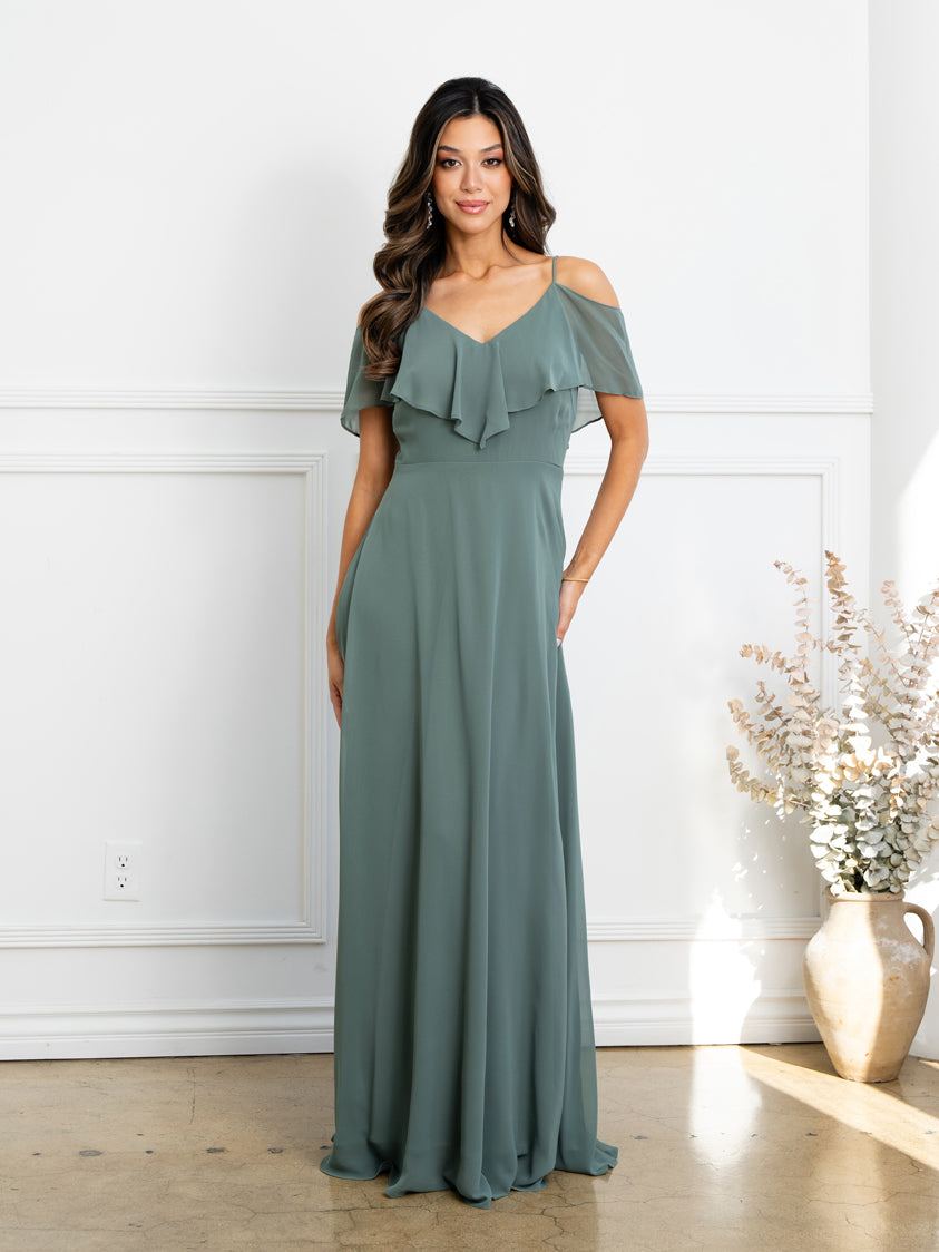 Cold Shoulder Chiffon Maxi Dress with Ruffle Overlay Formal Evening Gown By Eva USA 3263