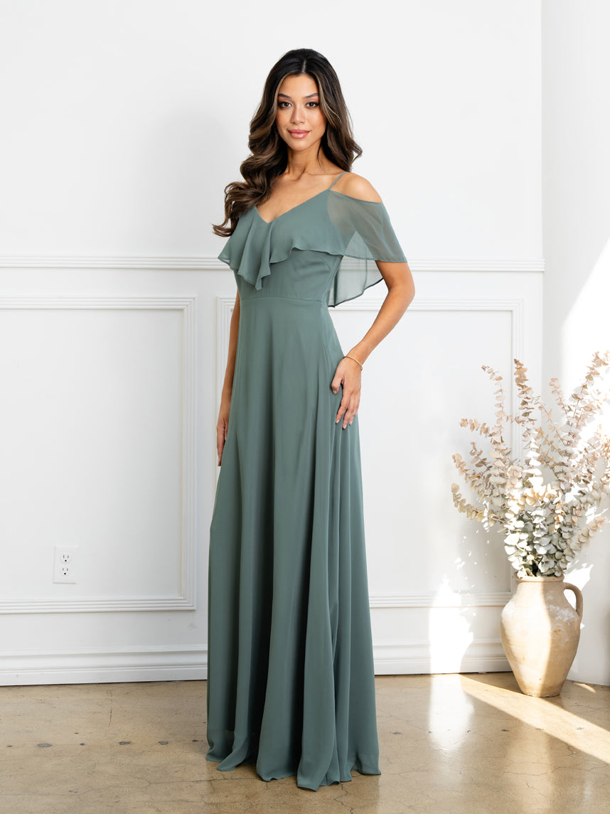 Cold Shoulder Chiffon Maxi Dress with Ruffle Overlay Formal Evening Gown By Eva USA 3263