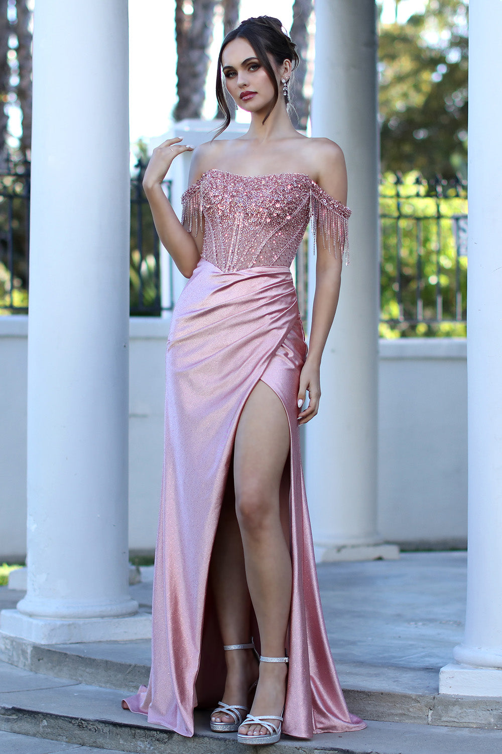pink sparkly corset prom dress Zapaka Women Sparkly Pink Long Prom Dress with Slit Mermaid Strapless Corset Sequin Floral Evening Dress, Pink / US20W