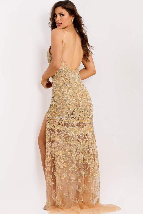 Beaded Lace Evening Gown with Deep V Neck Open Back & High Slit Formal Dress by Jovani 48509