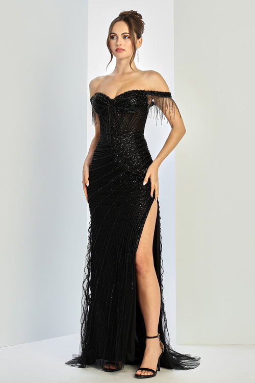 Prom Dresses Fitted Corset Prom Long Formal Beaded Fringe Slit Dress Black