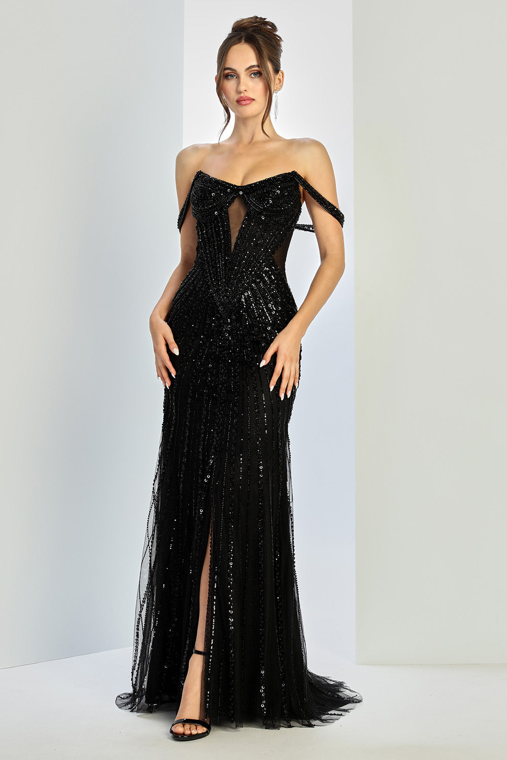 Prom Dresses Prom Fitted Long Formal Beaded Sequin Evening Dress Black