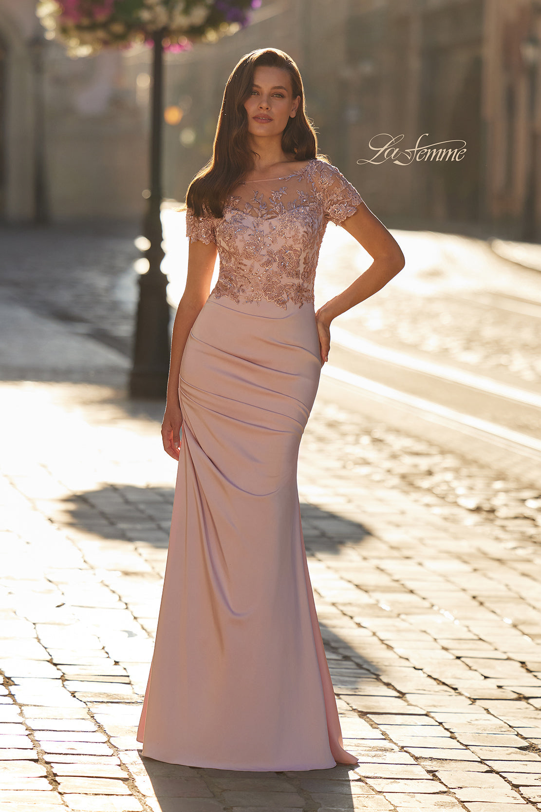 La Femme 32737 - Short Sleeve Floral Embroidered Gown In Pink