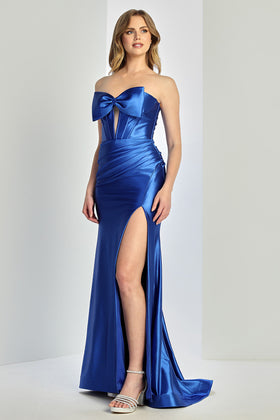 Adora Design 3289 Strapless Bow Satin Fitted Slit Prom Dress