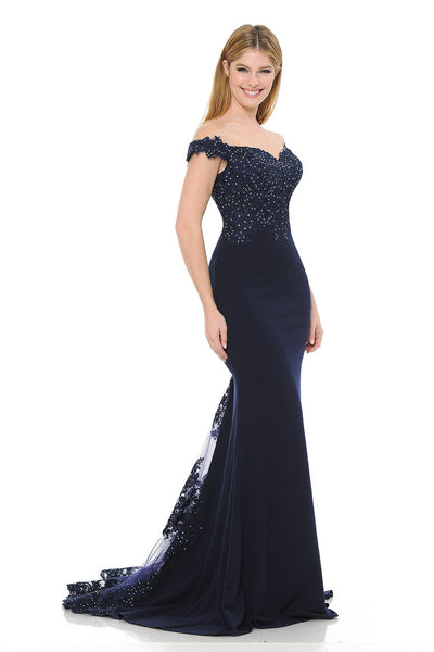 Off-Shoulder Lace Embroidered Mermaid Gown with Sheer Train By Lenovia 8134