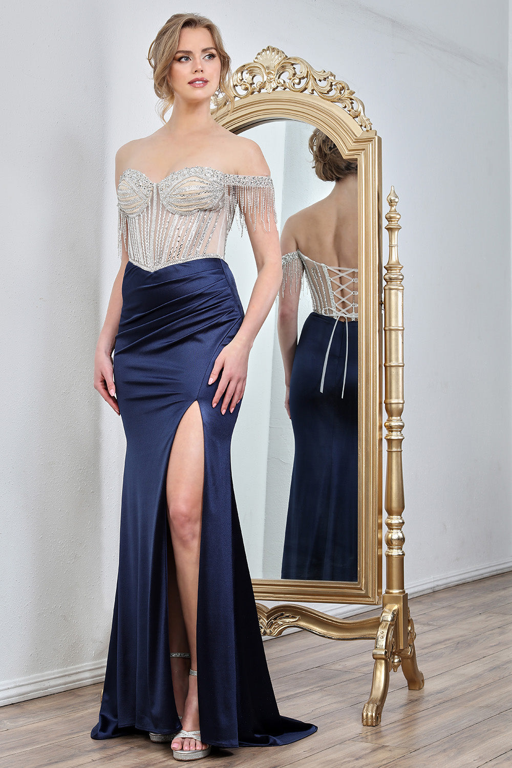 Prom Dresses Prom Long Fitted Corset Formal Beaded Dress Navy