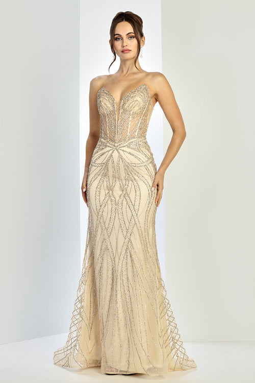 Prom Dresses Fitted Long Formal Beaded Prom Dress Champagne