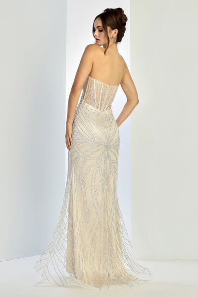 Prom Dresses Fitted Long Formal Beaded Prom Dress Silver Nude