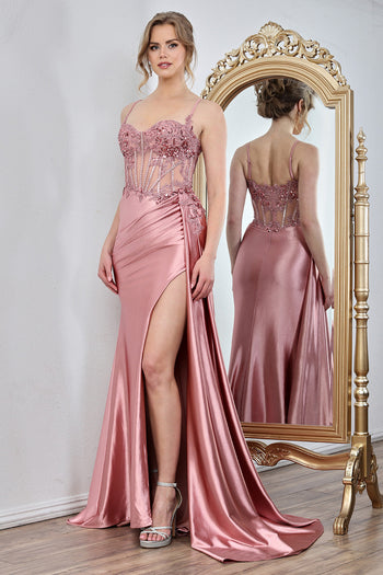 Prom Dresses Prom Long Corset Beaded Formal Slit Dress Rose