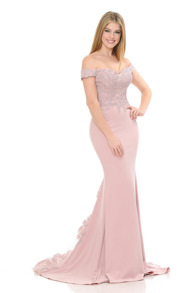 Off-Shoulder Lace Embroidered Mermaid Gown with Sheer Train By Lenovia 8134