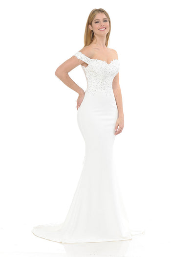 Off-Shoulder Fitted Wedding Gown with Beaded Bodice and Sweep Train By Lenovia 8134