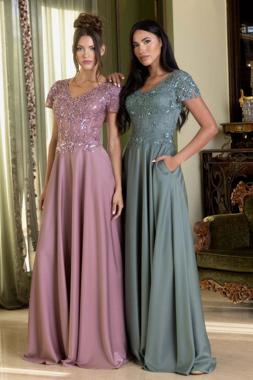 Cap Sleeve Beaded Lace Cap Sleeve A-Line Evening Gown Mother of the Bride Dress by Lenovia 8419