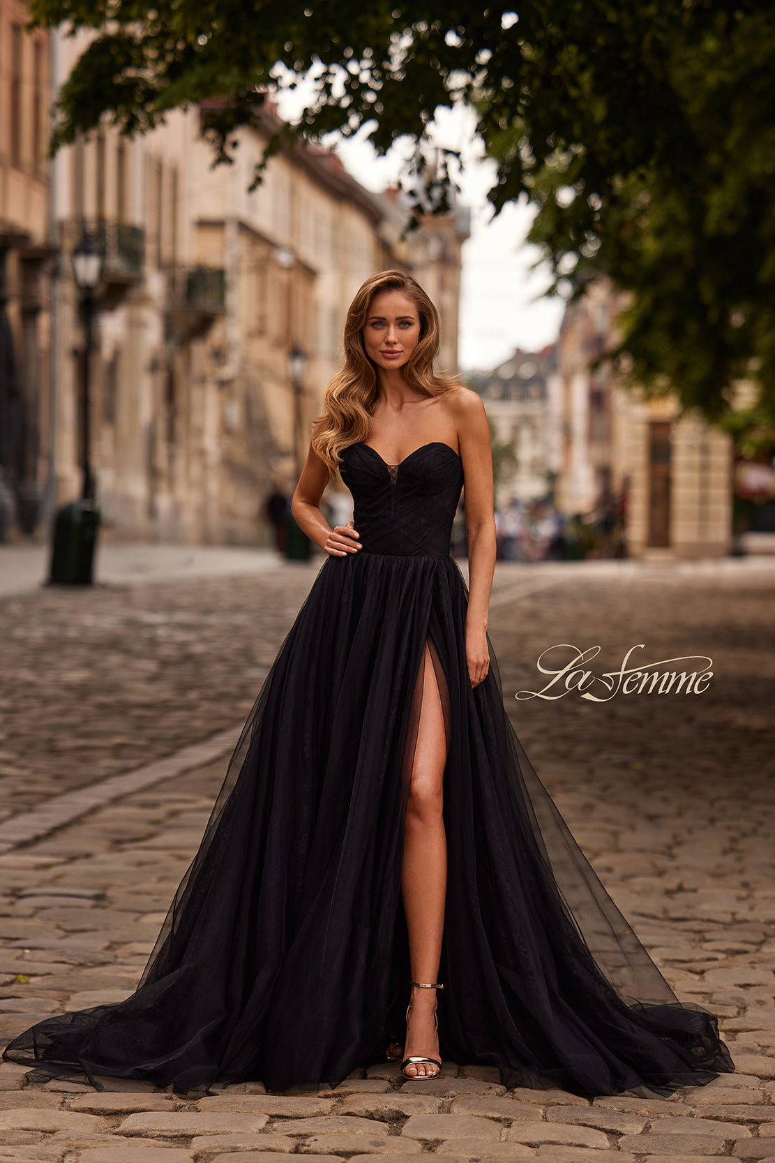 La Femme 33307 - Strapless Layered A-Line Gown with Slit In Black