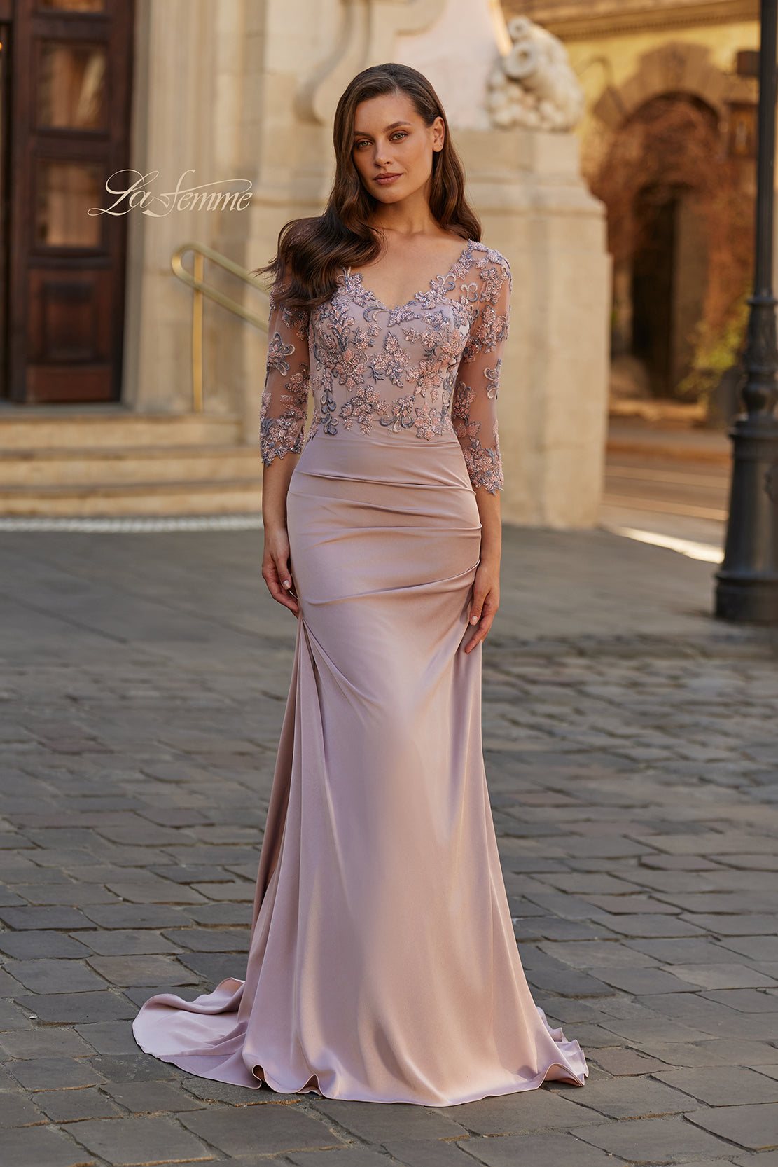 La Femme 33335 - Three-Quarter Sleeve Embroidered Illusion Gown In Pink