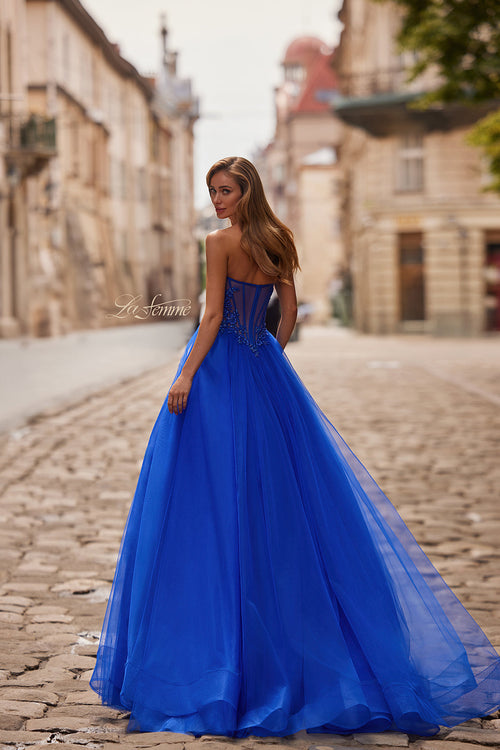 La Femme 33363 Strapless Lace Accent A-Line Gown