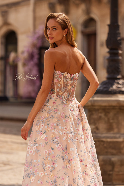 La Femme 33409 3D Floral Illusion Corset Gown with Slit