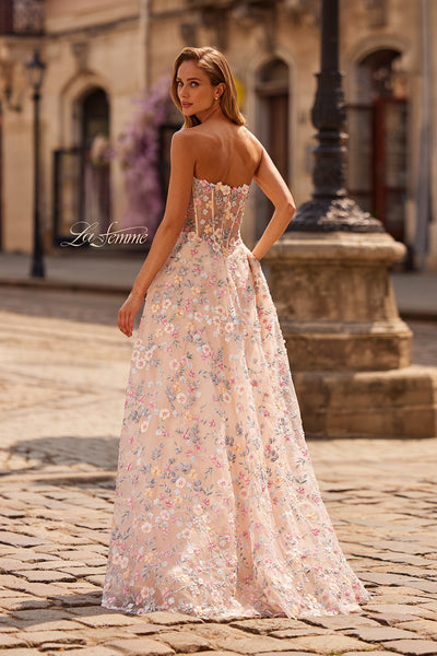 La Femme 33409 3D Floral Illusion Corset Gown with Slit
