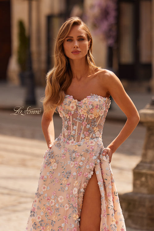 La Femme 33409 3D Floral Illusion Corset Gown with Slit