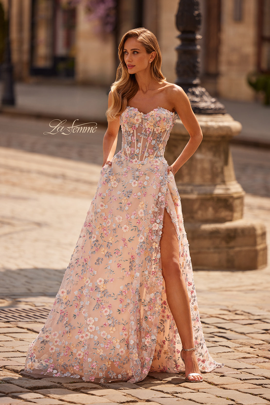 La Femme 33409 3D Floral Illusion Corset Gown with Slit