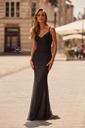 La Femme 33411 Lace Detail V-Neckline Net Jersey Gown