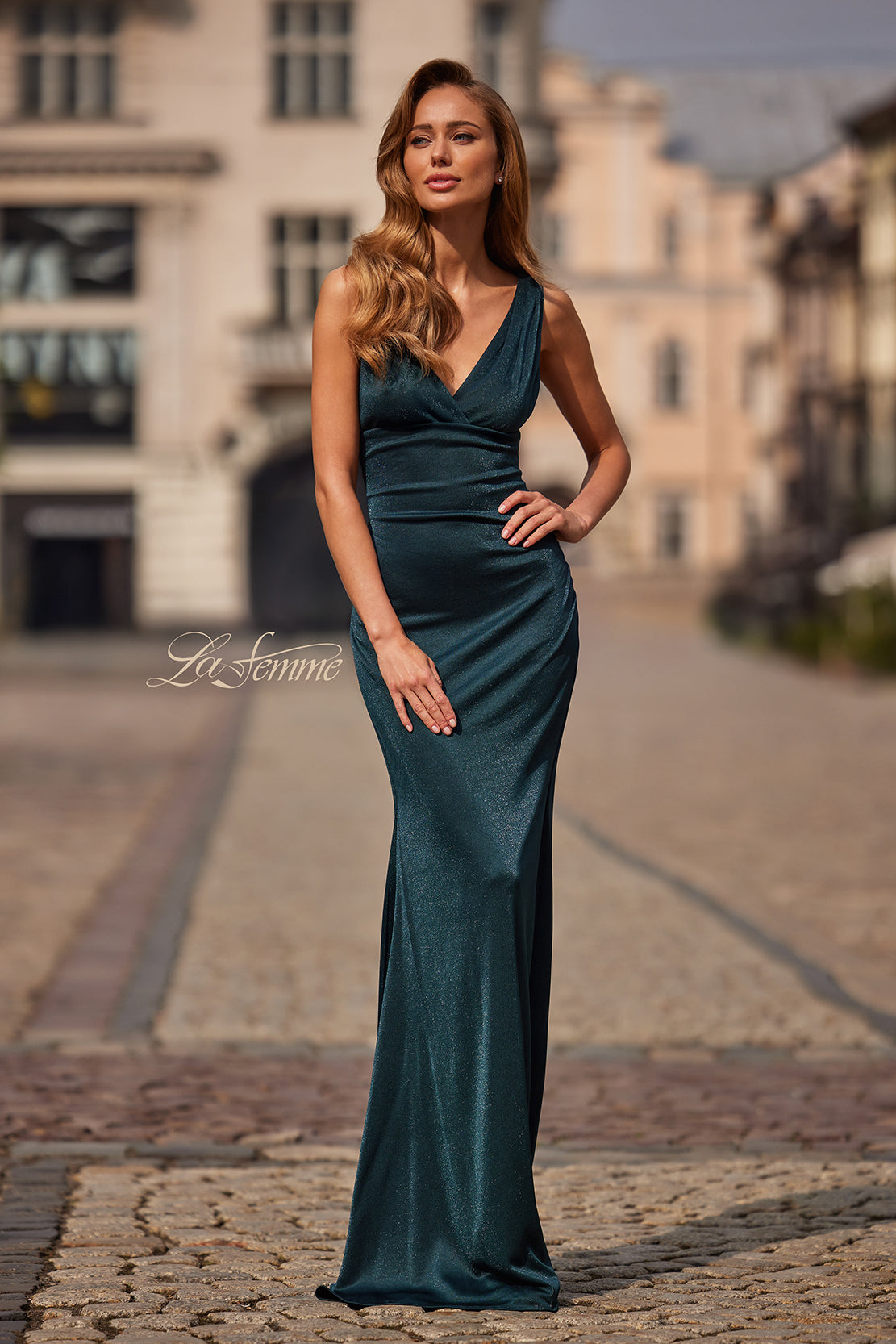 La Femme 33425 Wide Strap V-Neck Metallic Fitted Gown