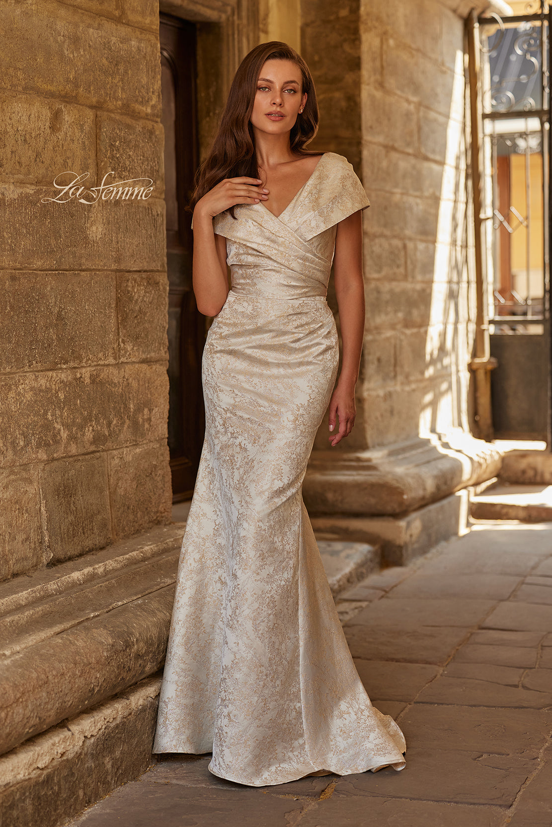 La Femme 33428 - V-Neck Textured Fit and Flare Gown In Neutral