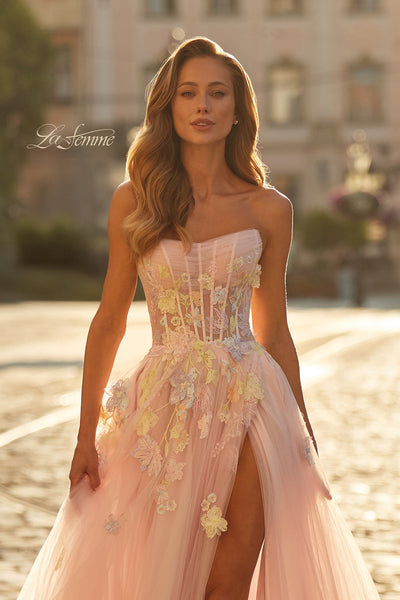 La Femme 33432 Floral Strapless Corset Tulle Prom Gown
