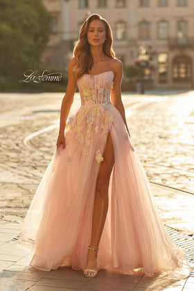 La Femme 33432 Floral Strapless Corset Tulle Prom Gown