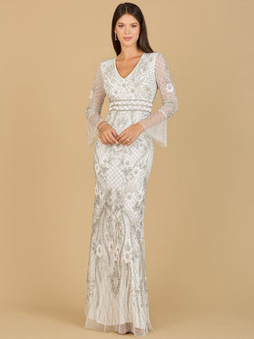 Lara 33435 Ivory V-Neck Gown with Sheer Bell Sleeves