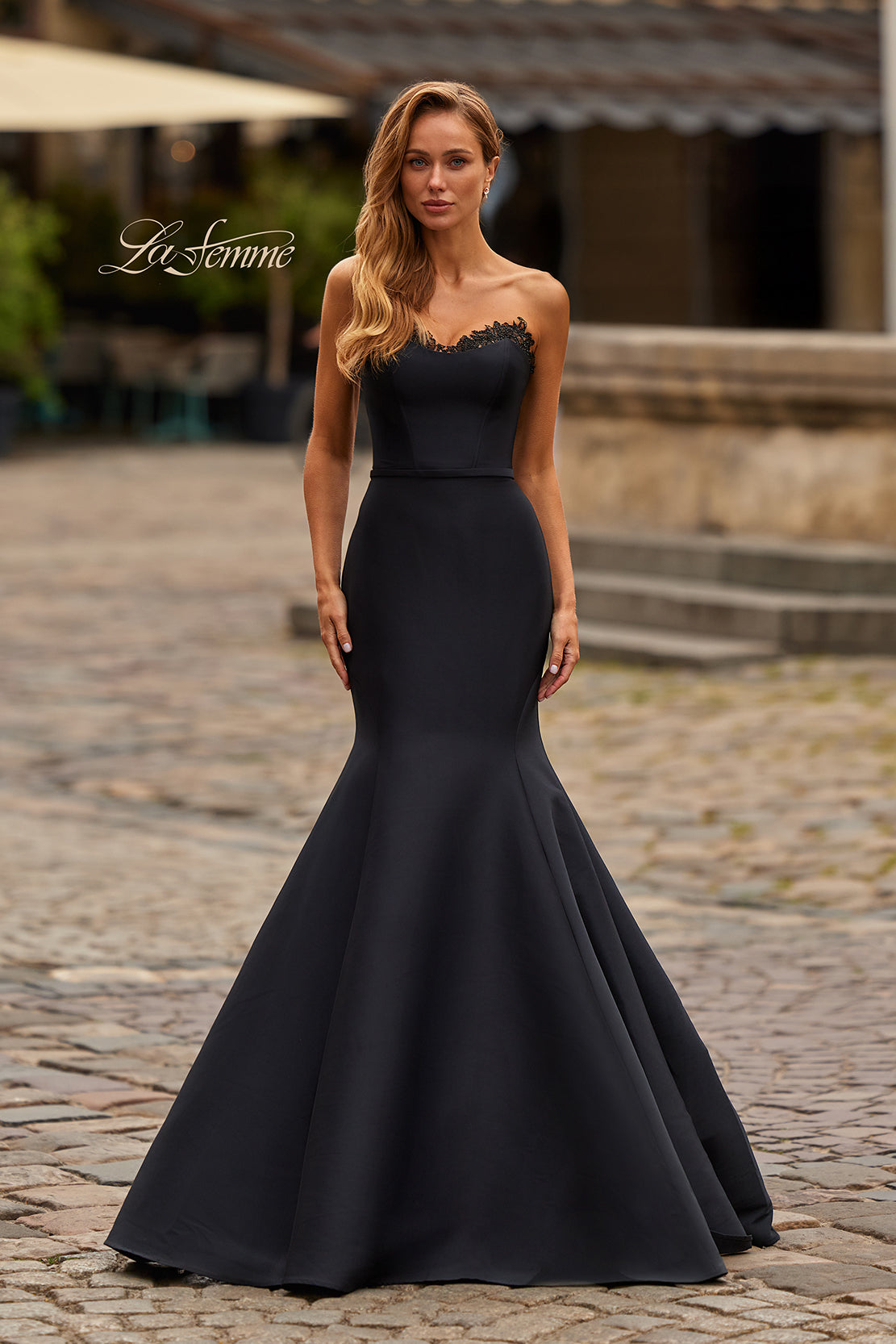 La Femme 33438 - Strapless Lace Trim Mermaid Gown In Black