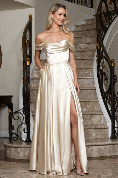 Prom Dresses Long Formal A Line Slit Prom Dress Adora Design 3343 Champagne