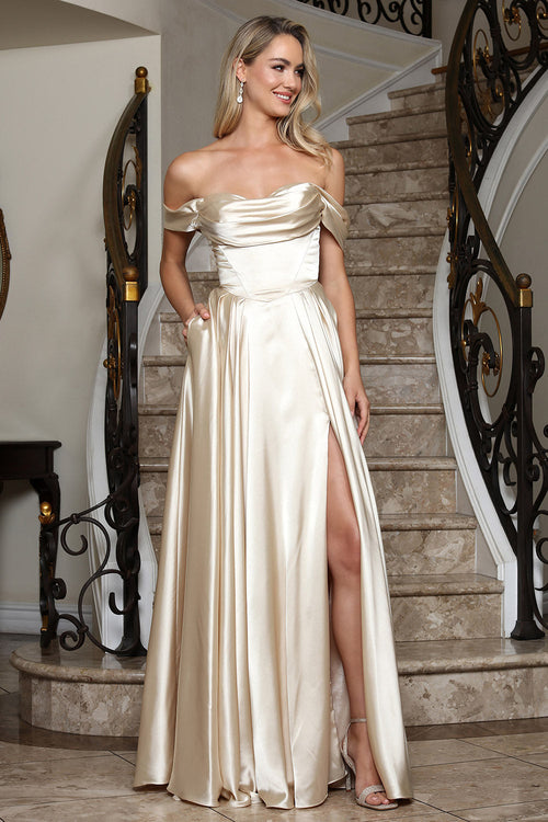 Prom Dresses Long Formal A Line Slit Prom Dress Adora Design 3343 Champagne
