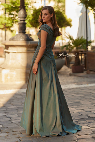 La Femme 33446 Cap Sleeve Ruched Gown with Flowing Skirt