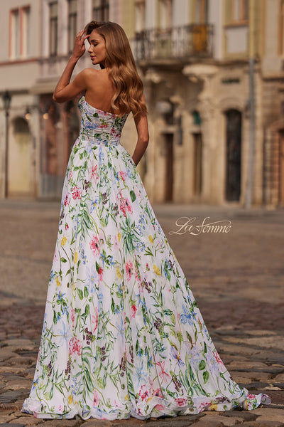 La Femme 33450 Print Chiffon A-Line Gown with Slit