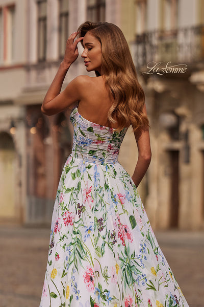 La Femme 33450 Print Chiffon A-Line Gown with Slit