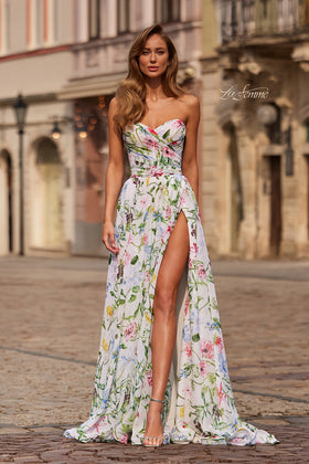 La Femme 33450 Print Chiffon A-Line Gown with Slit