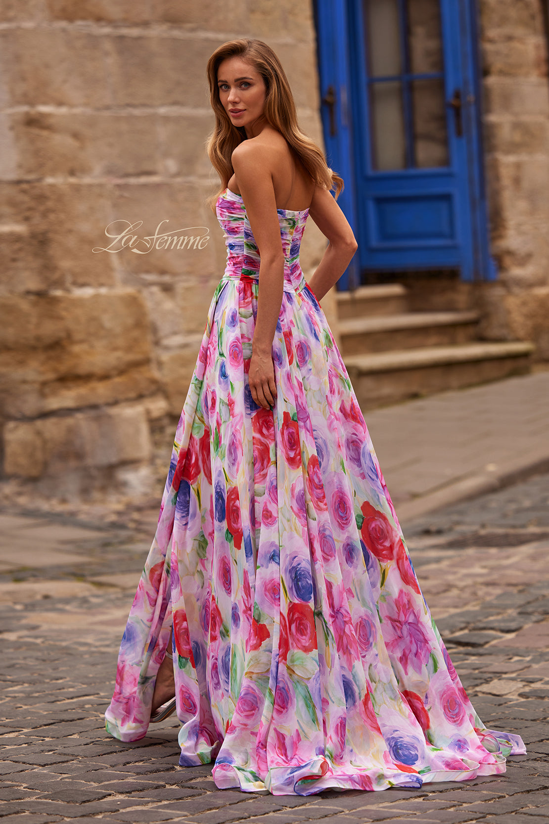 La Femme 33487 Floral Print Ruched Corset Prom Gown