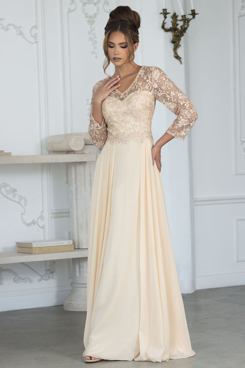 Long Formal Gown with Lace Bodice and Chiffon Skirt, 3/4 Sleeve V-Neck Dress by Lenovia 8375