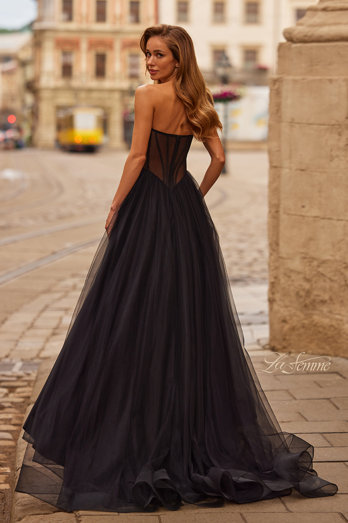 La Femme 33491 Lace Embellished Illusion Corset Prom Dress