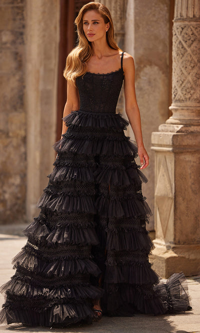 La Femme 33493 Tiered Ruffle Slit Evening Gown