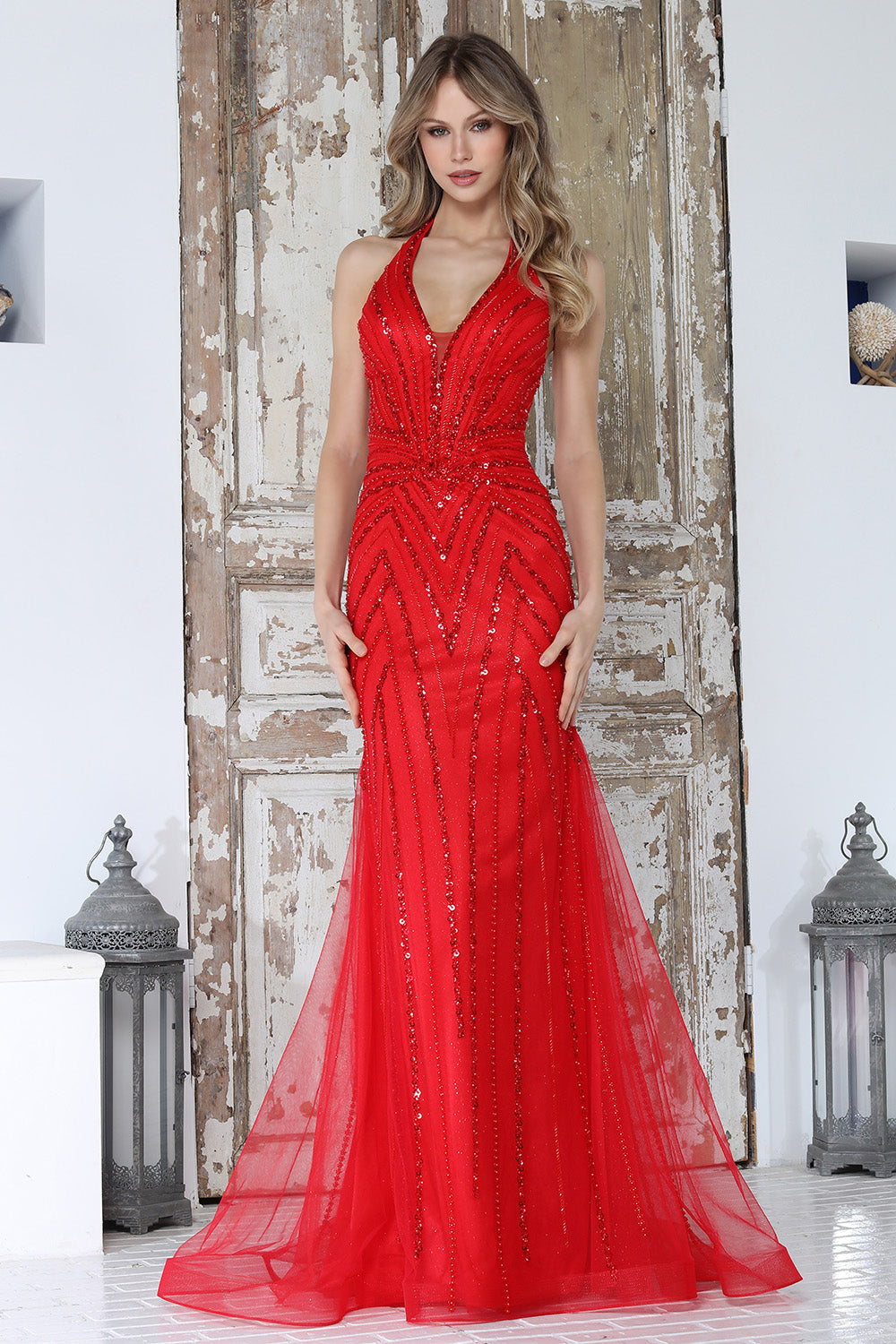 Prom Dresses Long Formal Beaded Sequin Fitted Prom Dress Adora Design 3350 Red