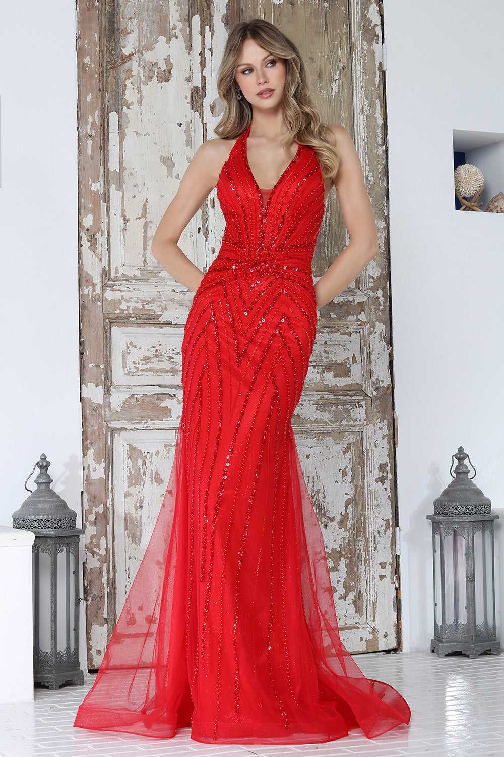 Long Formal Beaded Sequin Fitted Prom Dress Adora Design 3350